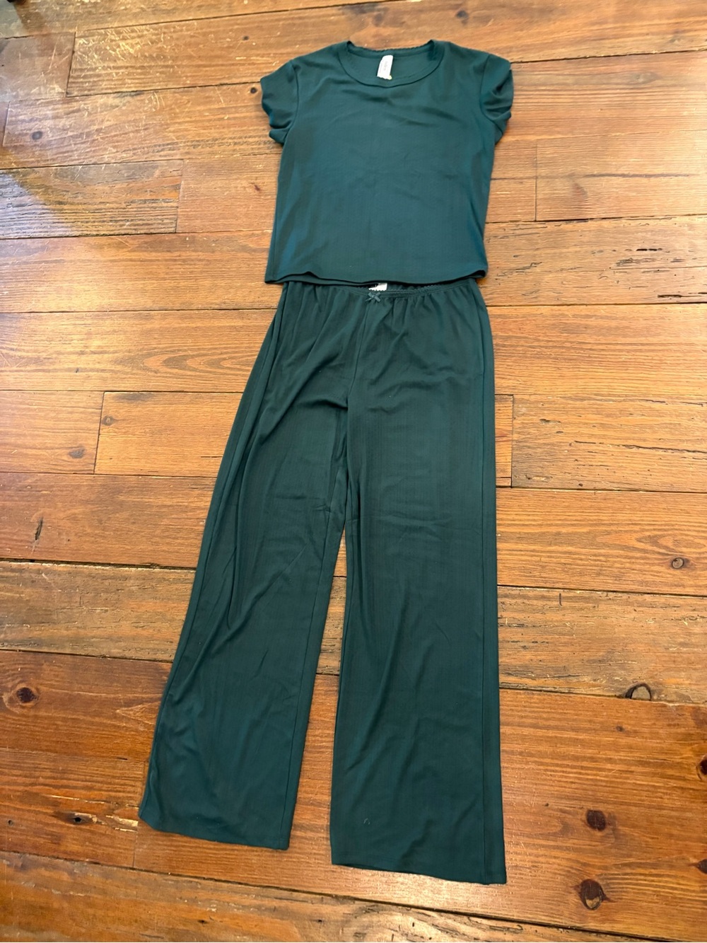 Auden Forest Green Ribbed Short-Sleeve Top & Wide-Leg Lounge Pants Set